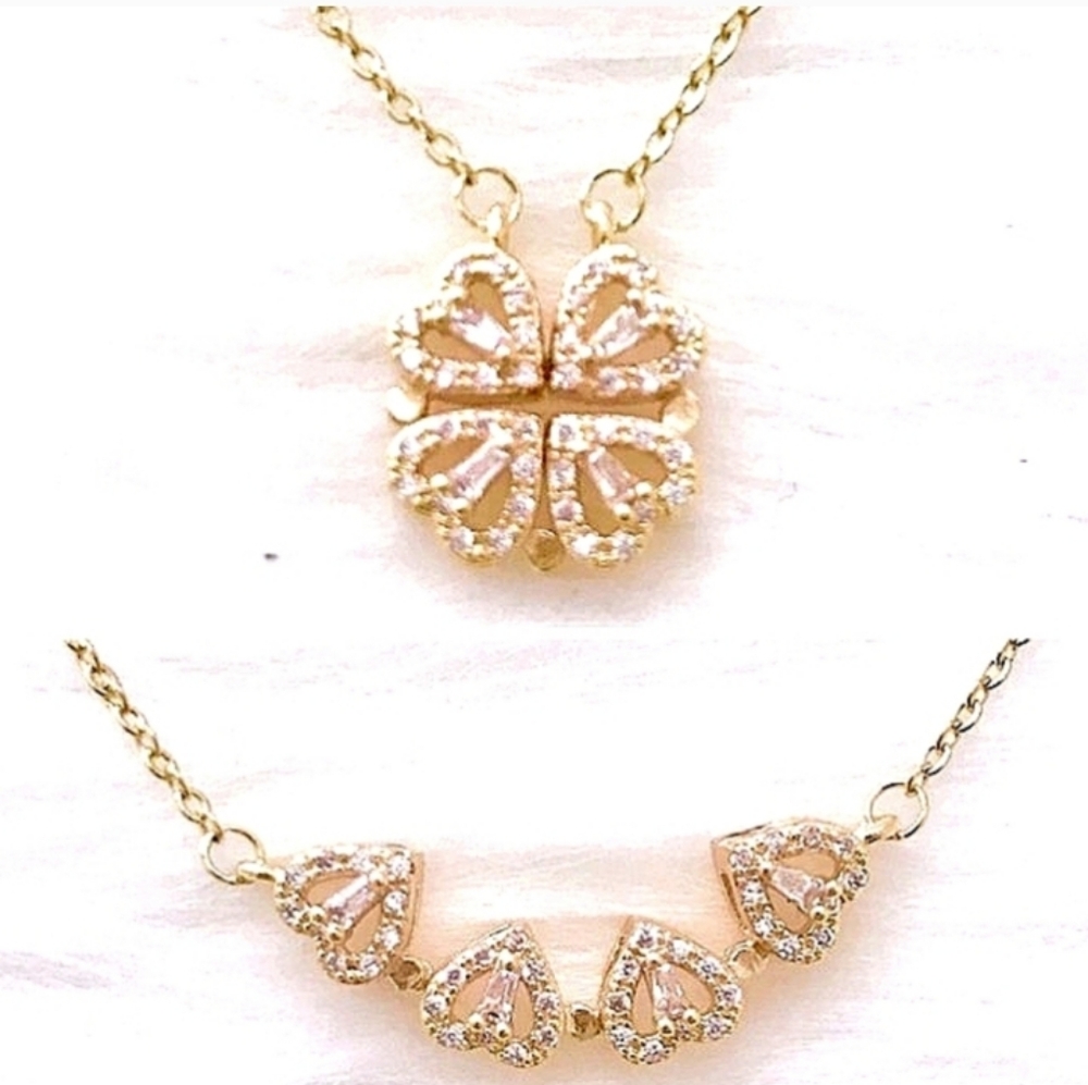 18K Yellow Gold Hearts Clover Necklace 16"-18"Pendant NEW NWT